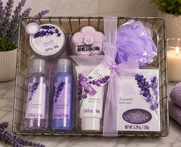 Relaxing Lavender Other - Lavender Spa Gift Basket Set Bath Salts Lotion Scrub Shower Gel Loofah NIP